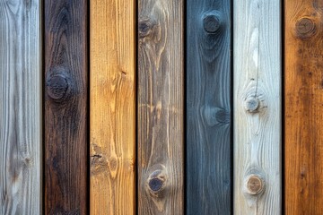 Obraz premium Vertical wooden planks in various stained colors, showcasing different wood textures and tones.