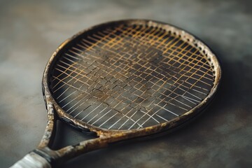 A weathered, old tennis racquet with a cracked and dirty frame shows signs of age and extensive use.