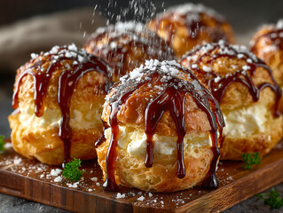 profiteroles drizzled with caramel