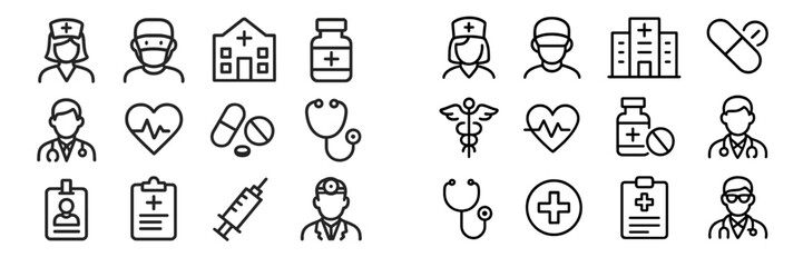 Medical icons representing healthcare roles, tools, and symbols in a simple black and white style