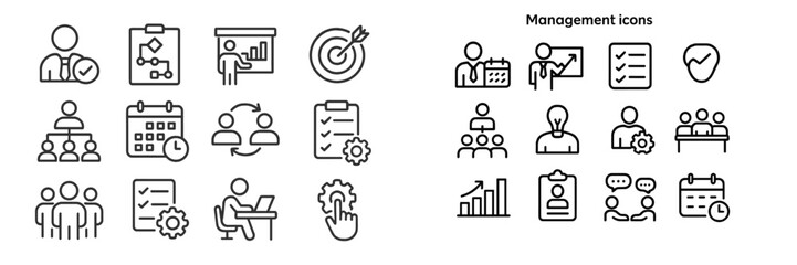 Collection of management icons illustrating teamwork, planning, and performance metrics in a minimalist design