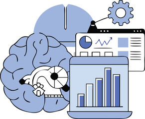 Flat Isometric Machine Learning Concept with Charts and Brain Illustration