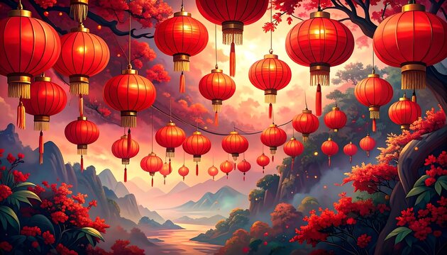 Red lanterns hang over a scenic valley at sunset - Powered by Adobe