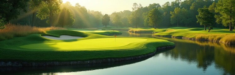Green golf course landscape under natural morning light, featuring winding river, mature trees, manicured fairways. Scene evokes tranquility, offers perfect setting for challenging game of golf,