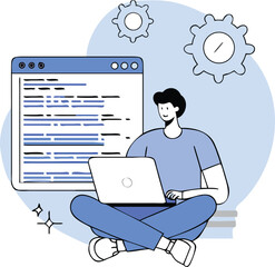 Flat Isometric Programmer Coding on Laptop with Binary Background Illustration