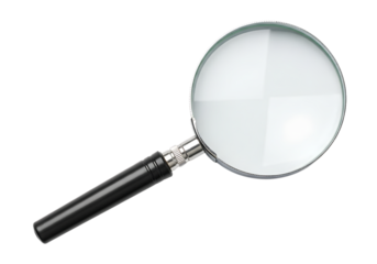 A black handled magnifying glass with a silver rim and clear lens isolated on a transparent background