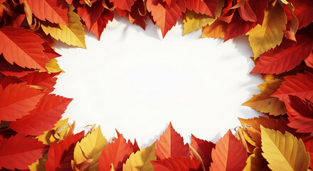 Red and orange autumn leaves frame a white space, creating a natural border ideal for text or logo placement, showcasing seasonal themes and offering a blank canvas for design