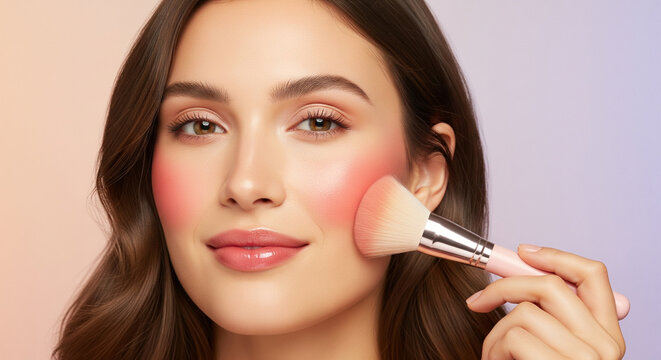 Ai generated image of beautiful woman applying blush with a brush for a perfect makeup look