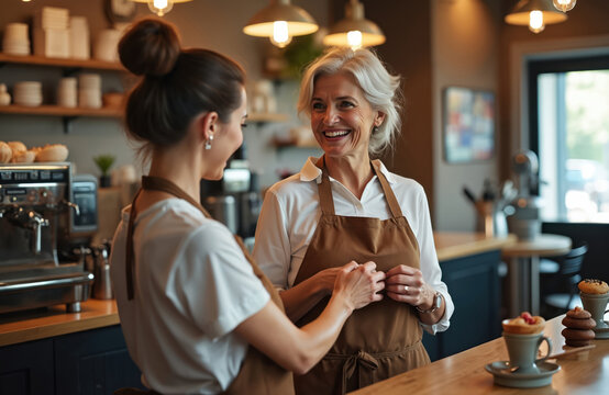 Young barista, possibly owner, interacts with elderly colleague at cafe counter. Two women, one older, one younger, in aprons discuss work in small business shop. Friendly chat with technology cash - Powered by Adobe