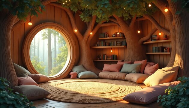 Cozy treehouse interior features warm lighting, soft cushions, circular rug creating serene atmosphere for relaxation, reading. Wooden bookshelves surround space. Inviting window offers forest view.