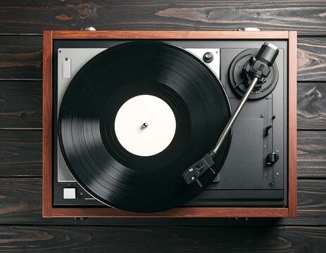 Vintage turntable on dark wooden surface