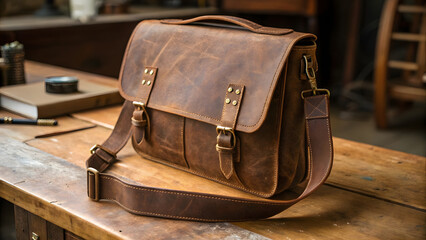 A vintage brown leather messenger bag rests on a warm, textured wooden surface—its grain visible and slightly worn, evoking a rustic study or workshop table