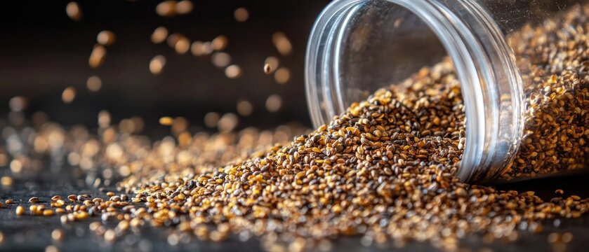 Mixed seeds pouring from jar closeup food photography