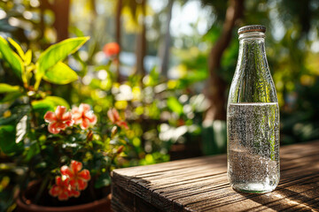 Refreshing sparkling water in a glass bottle on a rustic wooden table, vibrant green nature background, healthy hydration, clean drink, summer garden, outdoor freshness, peaceful.