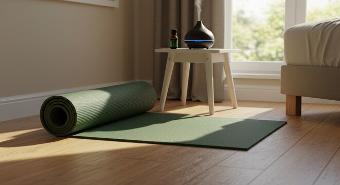 A green yoga mat lies unrolled on a clean wooden floor next to a nightstand with an essential oil diffuser