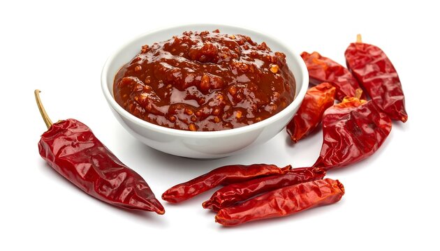 Spicy chili sauce in a bowl with dried peppers