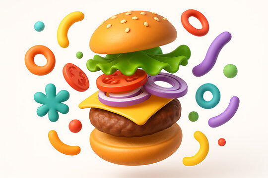 a dynamic and playful 3d rendered animation of a classic hamburger with all its fresh ingredients playfully disassembled and floating on a pure white background - Powered by Adobe
