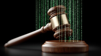 Judge gavel with binary code background representing digital law cyber justice data protection regulation and technology driven legal decisions, Generative AI