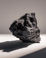 Obraz premium Dark, Textured Volcanic Rock Specimen with Dramatic Side Lighting and Long Shadow.