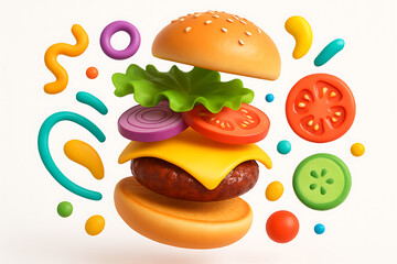 a whimsical and playful 3d rendered animation of a classic cheeseburger with all its fresh ingredients disassembled and floating on a pure white background