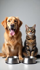 Fototapeta premium Happy golden retriever dog, tabby cat sit together with food bowls ready. Pets display great companionship, share meal time, offering heartwarming scene of domestic animals bonding. Adorable duo