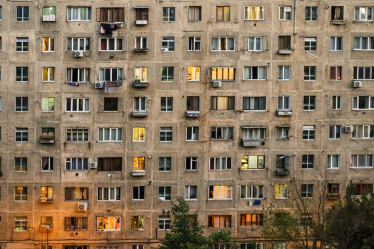 Soviet Apartment Facade at Dusk