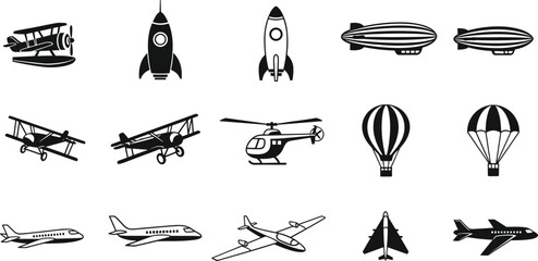 Aircraft and air vehicle icons vector illustration, aviation transportation design set, airplane rocket zeppelin helicopter hot air balloon graphic clipart ©  Creative Crafter