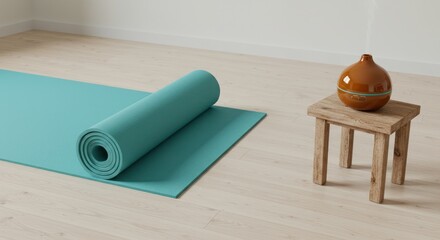Serene Yoga Practice Teal Mat and Wooden Accents