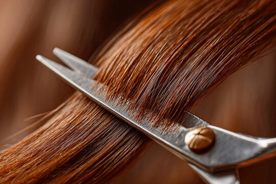 Professional haircut in a salon, close-up on scissors trimming shiny brown hair, beauty and styling concept, hair care, fresh look, maintenance, transformation - Powered by Adobe