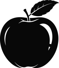 Black apple silhouette vector illustration, minimalist fruit icon design, healthy food symbol, nutrition concept graphic, simple apple shape with leaf, isolated clipart