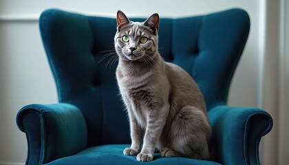 Elegant Russian Blue cat with striking green eyes sits gracefully on luxurious teal velvet armchair, looking attentively left. Soft indoor lighting highlights cat sleek grey fur, attentive gaze.