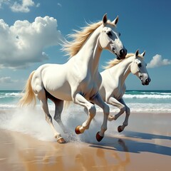 Obraz premium Two majestic white horses gallop along sandy beach with ocean waves crashing behind. Manes flow in wind under clear blue sky with fluffy clouds. Oil, acrylic painting style illustration captures