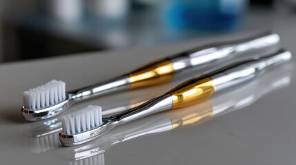 A polished set of elegant toothbrushes lies on a countertop, showcasing sleek design and quality materials that emphasize personal care and hygiene in modern lifestyles.