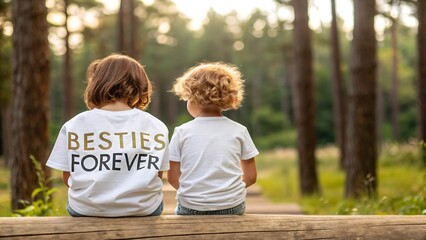 Two children sitting together outdoors in forest wearing matching besties forever t shirts symbolizing friendship love and childhood bond