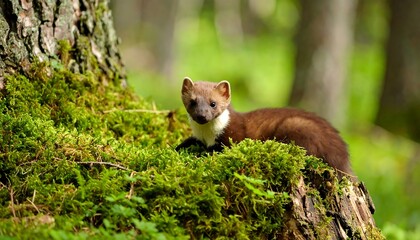 A small marten resting on mossy forest floor