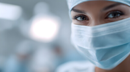 Female surgeon with thoughtful eyes looking at patient, wearing blue face mask. Medical professional, doctor, anesthesiologist. Concept of healthcare, medicine.