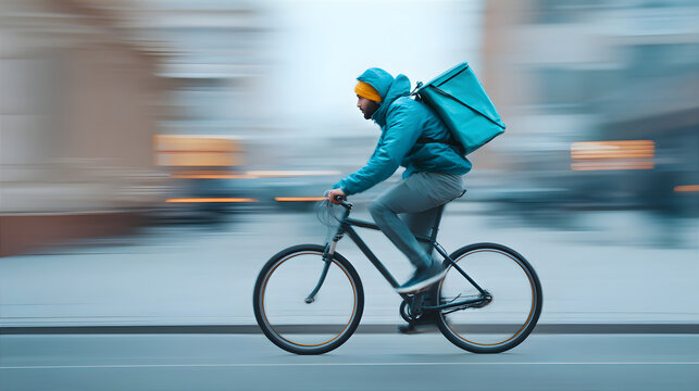 Man delivery worker riding bicycle with thermal bag for food courier service or package delivery. Fast shipment concept.