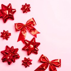 Festive red bows and stars on pink background