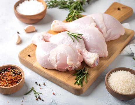 Raw chicken drumsticks on a cutting board with herbs and spices - Powered by Adobe