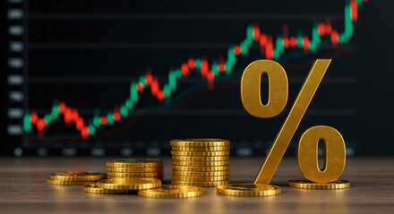 3D gold percentage symbol in front of a trading chart