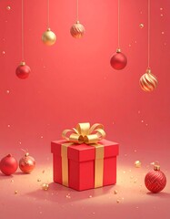 Festive red gift box with gold ornaments