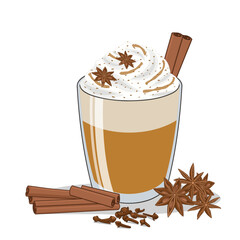 Vector illustration of masala chai latte in a glass cup, topped with light foam, star anise, clove and cinnamon stick garnish, traditional spiced Indian tea drink.