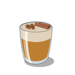 Vector illustration of masala chai latte in a glass cup, topped with light foam and cinnamon stick garnish, traditional spiced Indian tea drink.