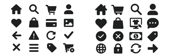 Collection of black icons representing various digital activities and user interface elements commonly found in applications and websites