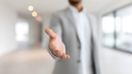 Male realtor offering help. Man extending hand to client. Concept of property management, real estate broker, new home for sale.