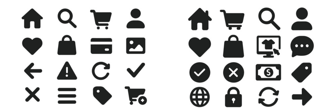 Collection of black icons representing various digital activities and user interface elements commonly found in applications and websites