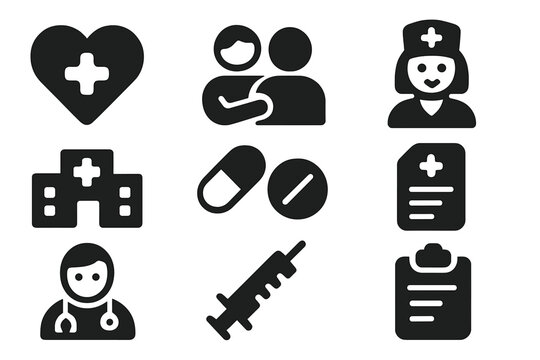 Health and medical care icons depicting various aspects of healthcare in a modern context for informative use - Powered by Adobe