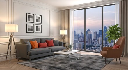 Modern living room with city view and contemporary furniture elegant interior design