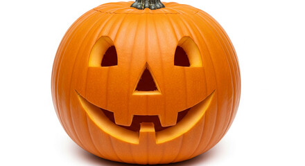 Orange pumpkin with carved smiling face, classic Halloween symbol, festive autumn decoration,  perfect for seasonal designs or celebration themes