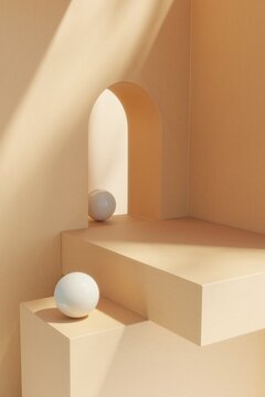 Abstract 3D scene with white spheres and archway on podium